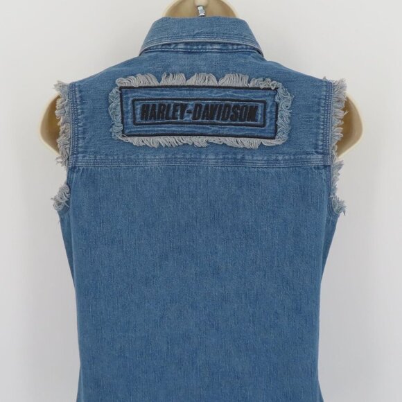 Harley Davidson Women Extra Small XS Blue Denim Snap Embroidered Vest Shirt Top - Picture 7 of 12